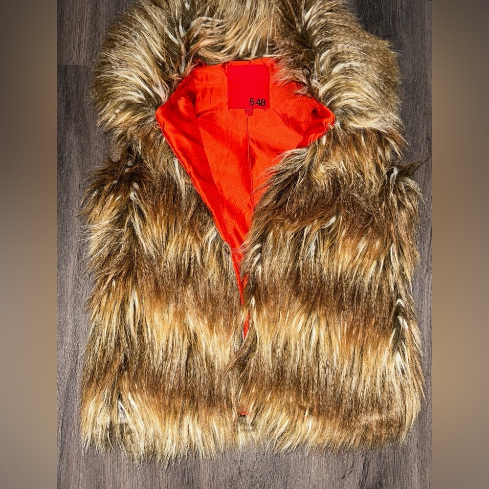 Luxury Brown Faux Fur Vest Orange Satin Lined Cozy Winter Glam Boho - Picture 5 of 9